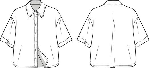 Short sleeve women’s button up shirt flat sketch with cuff sleeve, front and back technical drawing for fashion design template