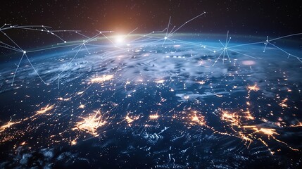 Earth at night showcasing bright city lights across its surface, intertwined with a complex cyber network representing global digital connections. A visual blend of planetary beauty and technological 
