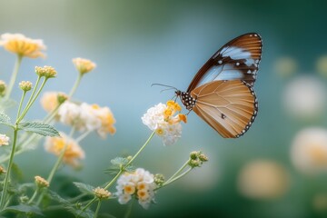 Fototapeta premium Close-up of a Beautiful Brown and Blue Butterfly Landing on White and Yellow Daisies in a Sunny Garden with Soft Focus Background