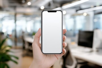 Hand Holding Smartphone with Blank Screen Mockup in the Office
