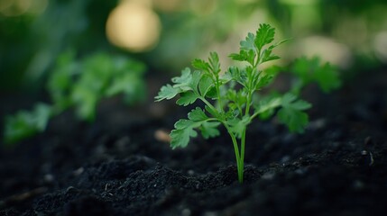 Close-up of young plant in dark soil