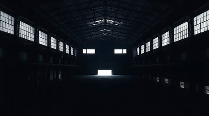 Dramatic light in vast, abandoned warehouse interior, captivating atmosphere