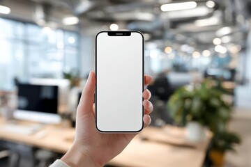 Hand Holding Smartphone with Blank Screen Mockup in the Office
