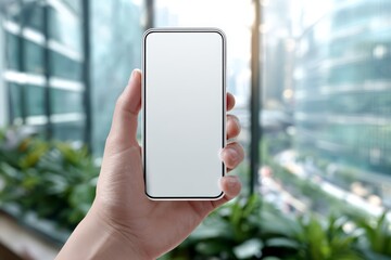 Hand Holding Smartphone with Blank Screen Mockup in the Office