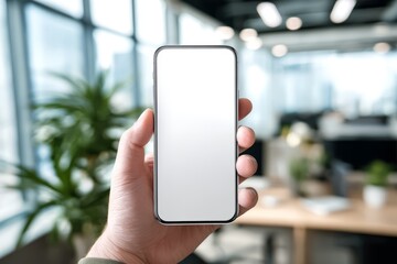 Hand Holding Smartphone with Blank Screen Mockup in the Office