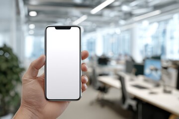 Hand Holding Smartphone with Blank Screen Mockup in the Office
