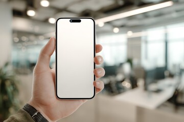 Hand Holding Smartphone with Blank Screen Mockup in the Office