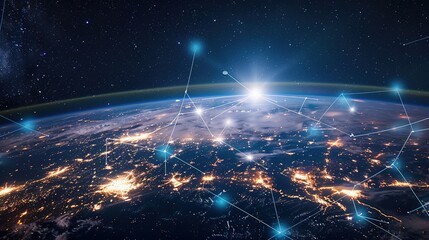 Earth at night showcasing bright city lights across its surface, intertwined with a complex cyber network representing global digital connections. A visual blend of planetary beauty and technological 