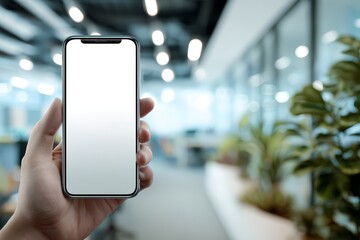 Hand Holding Smartphone with Blank Screen Mockup in the Office