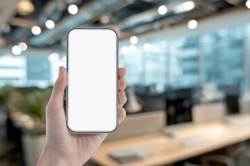 Hand Holding Smartphone with Blank Screen Mockup in the Office