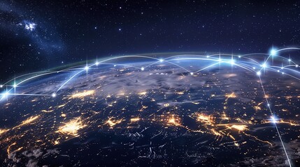 Earth at night showcasing bright city lights across its surface, intertwined with a complex cyber network representing global digital connections. A visual blend of planetary beauty and technological 