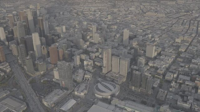 Aerial View of Oceanwide Plaza Skycrapers alongside Crypto Arena in Downtown Los Angeles