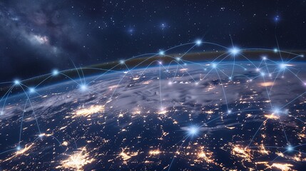 Obraz premium Earth at night showcasing bright city lights across its surface, intertwined with a complex cyber network representing global digital connections. A visual blend of planetary beauty and technological 