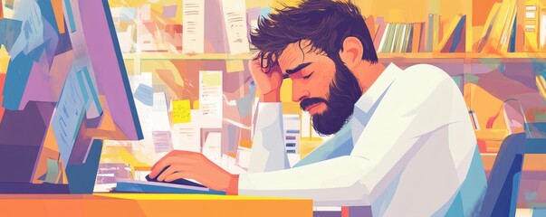 Depressed person working at a cluttered desk.