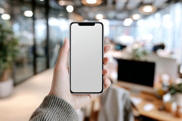 Hand Holding Smartphone with Blank Screen Mockup in the Office