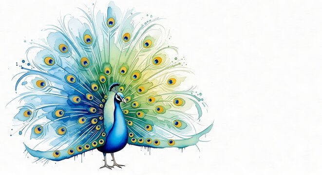 Watercolor illustration of a peacock with vibrant plumage, showcasing its colorful tail feathers.