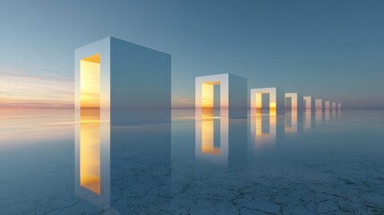 Abstract Minimalist Geometric Architecture Concept with Tall Reflective Monoliths in Shallow Water du Sunset Sky