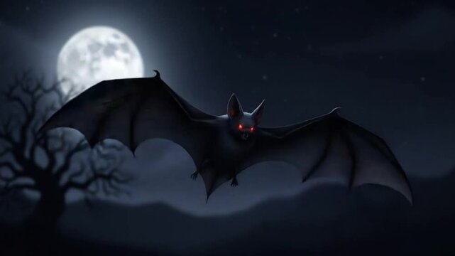 Animated nocturnal bat with glowing red eyes flying under the moonlit night sky 4K Ai HD video.

