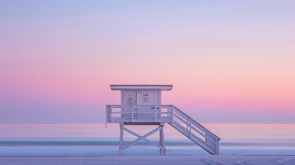 Minimalist lifeguard tower on serene beach at dusk