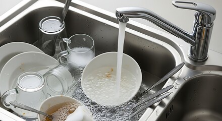 Dirty dishes soaking in a stainless steel kitchen sink under running water.