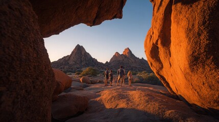 Family Adventure Exploring Rocky Mountain Landscape at Sunset