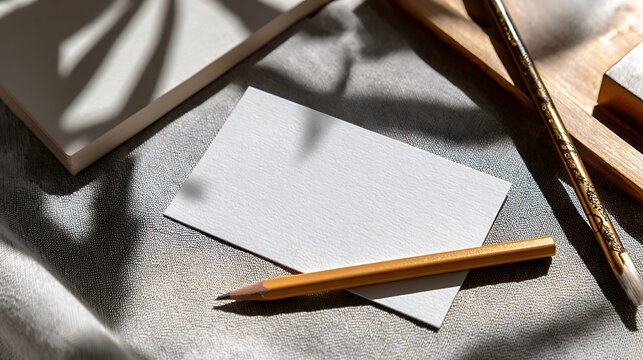 Blank Textured Card with Pencil and Brush on Wooden Tray, Leaf Shadow Play - Powered by Adobe