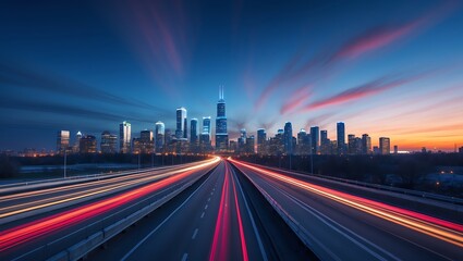 Naklejka premium Chicago Skyline Long Exposure Highway Traffic at Dusk