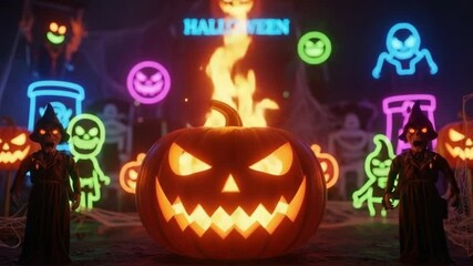 Festive halloween night scene with glowing pumpkins and neon decorations animated for holiday celebration 4K Ai HD video.

 - Powered by Adobe