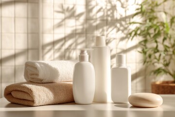 Minimal skincare beauty set featuring white bottles and soft towels in a bright, spa-like setting.