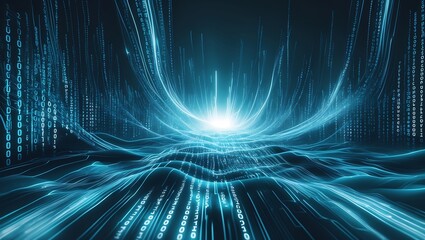 Digital Binary Code Landscape with Flowing Light and Data Streams