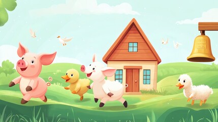 Naklejka premium Happy farm animals running toward a house on a sunny day