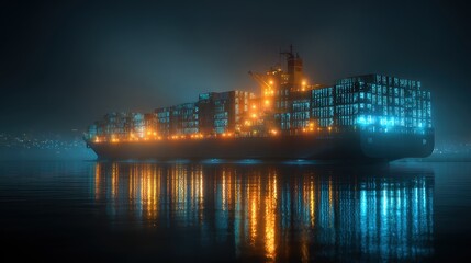 Obraz premium Glowing containers with barcode patterns loaded onto ship at night, modern inventory tracking concept.