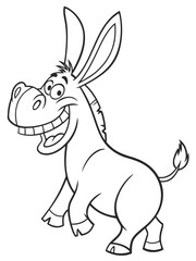 A happy cartoon donkey with extra large ears and a silly grin. Very simple black-and-white outline, perfect for preschoolers