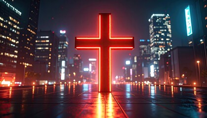 Illuminated cross in a futuristic city