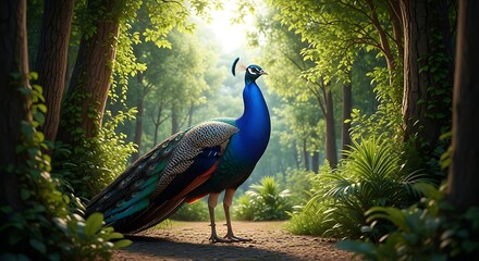 A vibrant peacock stands in a sunlit forest path, surrounded by lush greenery.