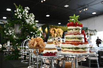Caprese, Gourmet Cheese with Dried Tomatoes and Fresh Herbs, Elegant Appetizer on Silver Tray, Cheese Platter with Cherry Tomatoes and Basil, top view	