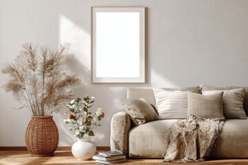 Empty Wall Frame Mockup in Cozy Living Room