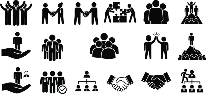 Collection of black and white business and teamwork related icons set