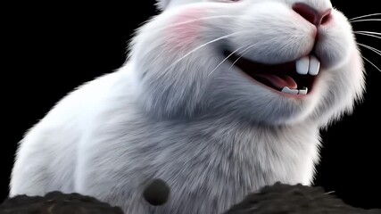 Close-up of a white fluffy animal head with pink cheeks. Whiskers extend to the right, and teeth are visible. Black backdrop