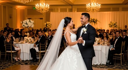 A bride and groom dancing at a wedding reception.