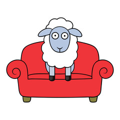 A fluffy sheep sits on a cozy sofa, legs tucked in, looking relaxed and happy, enjoying a peaceful moment in a warm, soft living room setting.

