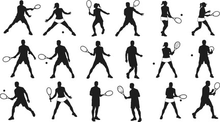 Tennis player silhouette vector collection, male and female athlete in action with racket and ball, isolated sport pose illustration set