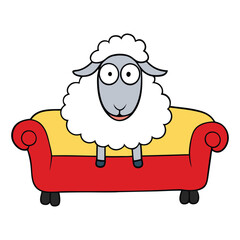 A fluffy sheep sits on a cozy sofa, legs tucked in, looking relaxed and happy, enjoying a peaceful moment in a warm, soft living room setting.
