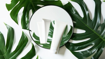 Pair of white lotion tubes placed on a round mirror, surrounded by vibrant tropical leaves, creating an elegant display. The tubes stand upright, their smooth surfaces reflecting on the mirror, 