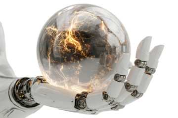 Robotic hand holding glowing Earth globe