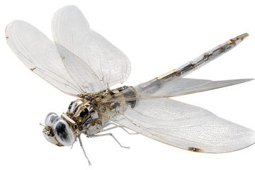 Close up of a white dragonfly with intricate details.