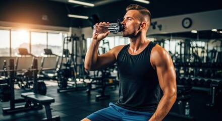 A muscular man in a gym drinking water from a transparent bottle.
