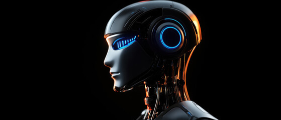 Digital icon of glowing robot head with neon blue lights and futuristic design glowing softly in dark background