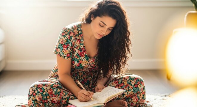 A young woman wearing a floral dress, sitting on a white rug, writing in a notebook.