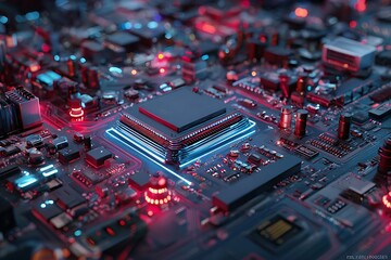 Obraz premium Detailed Computer Motherboard with Glowing Blue and Red Accents Circuitry and Components